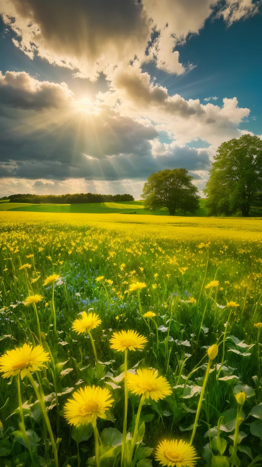The sun shines through the clouds、A field full of blue flowers, A stream flows、sunny meadow, Overflowing with holy light, Yellow and green, Light of the sun, The Light of Life, Inspired by Phil Koch, Sunny landscape, Yellow and greens, green and yellow, Yellow glowing magic, Breathtaking composition, 黄色のLight of the sun, Less sunlight, Shades of yellow, Gentle field settings, Spring Morning