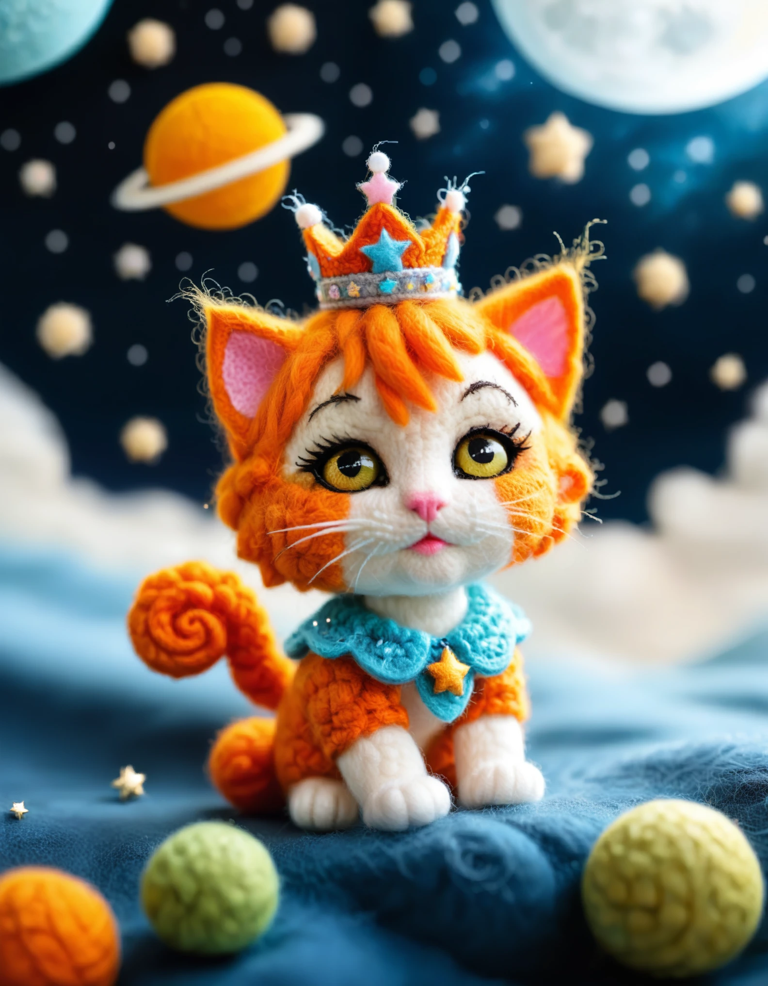 big crochet stitches world, crochet style, Felt-World\(style\),A crochet cute kittie from a fairy tale and her mom, with orange hair, a crown, a gorgeous collar, on the moon, planets, loneliness, sparkling starry sky, crochet, handcrafted, artistic, 3D, realistic details,closeup