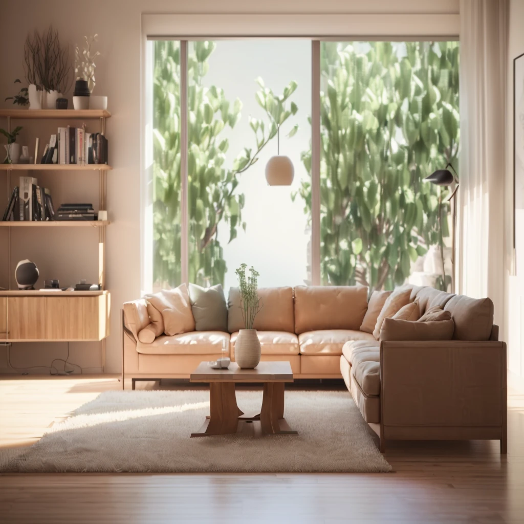There is a living room with a sofa, Chair, table and lamp, 自然Realistic rendering, Realistic rendering, Unreal Engine realistic rendering, 8k vray rendering, vray 8k rendering, Rendered in Unreal Engine 5, Highly detailed rendering, Detailed natural lighting, Rendering in Lumion Pro, placed in a large living room, Detailed cinematic rendering