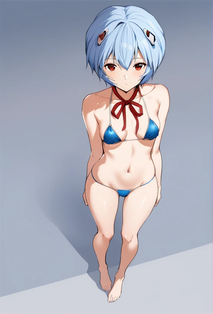 1 girl, ayanami rei, solo, red eyes, short hair, blue micro bikini, skinny, red ribbon, hair between the eyes, ribbon around the neck, Bare feet, standing in front of the viewer, looking at the viewer, blue hair, ribbon, closed mouth, bangs, top, medium rounded breasts, medium quality, late,