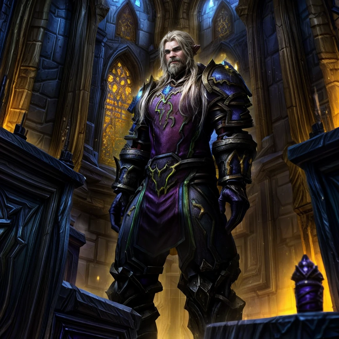 Draego, a medieval knight in shining armor, standing in front of an altar in a large cathedral, dramatic backdrop, high contrast, wide angle lens, vibrant colors, serene, detailed intricate armor, flowing cape, determined facial expression, sunlight streaming through stained glass windows, ornate altar with candles, dramatic shadows, cinematic composition, photorealistic, 8k, hyper detailed, masterpiece, (((World of warcraft stormwind:1.2)))
