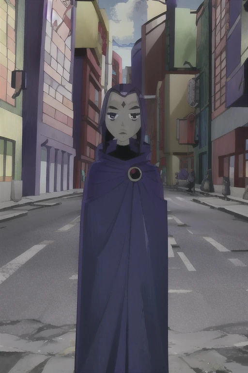 raven, 1girl, solo, purple eyes, purple hair, short hair, colored skin, forehead jewel, blue cape, blue cloak