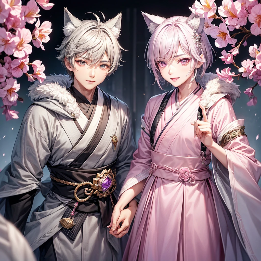 hybrid character with wolf ears, masculine and dominant, Wolfcut short gray hair, pink iris eyes, skin fair, gray hanbok clothes, mature appearance around 17 to 20 years old, gentle, smiling expression with youthful features , pink lips