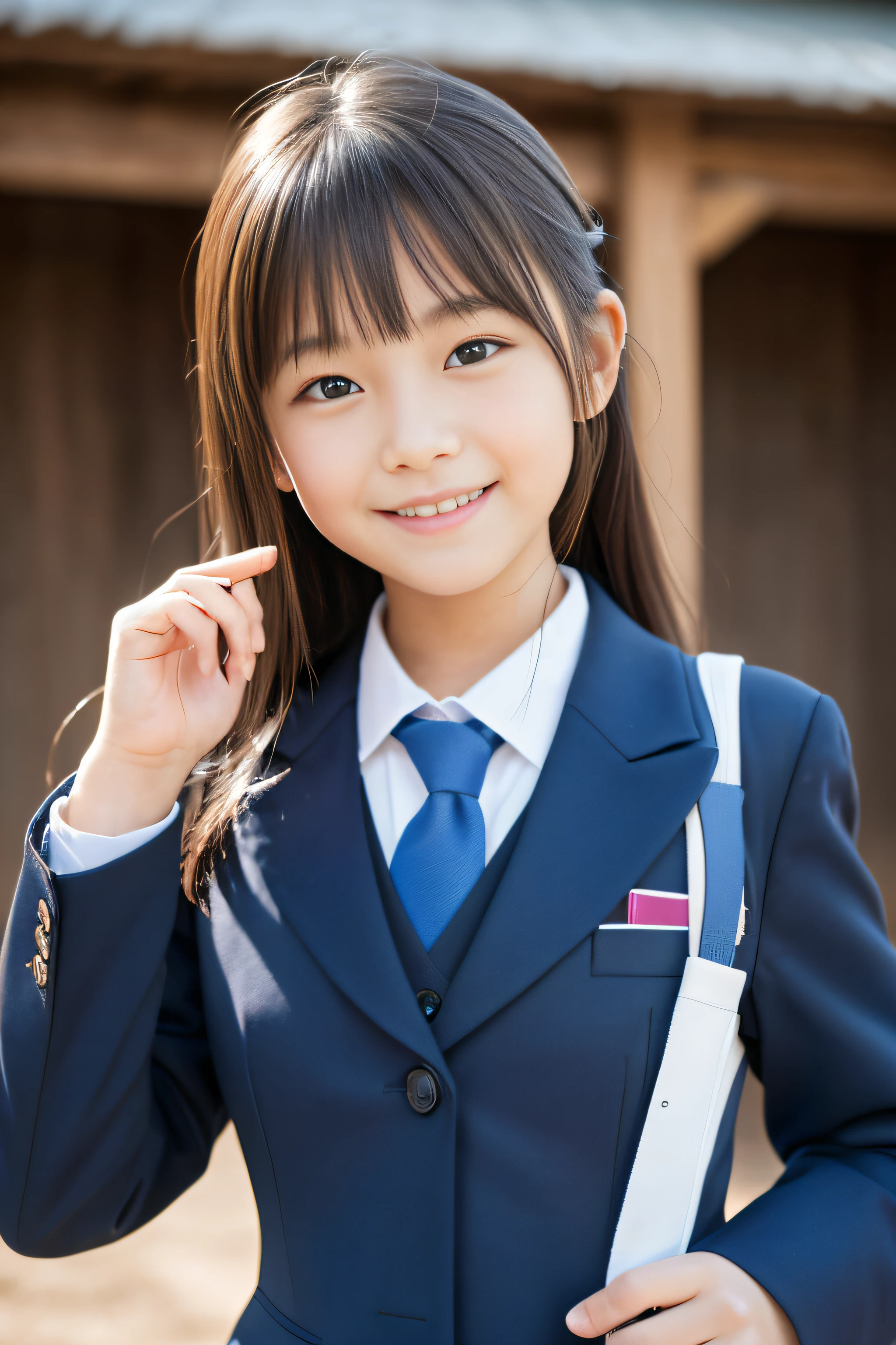 (8K、Raw photo、Highest quality、masterpiece:1.2)、(Realistic、Photorealistic:1.37)、Ultra-detailed、Ultra-high resolution、1 girl、(Beautifully detailed face、Golden ratio face、Balanced Eyes、double eyelid)、Beautifully detailed skin、Skin Texture、Professional Lighting、(Very beautiful 10 year old girl)、Japanese High School Uniform、Smile、（(From below)）
