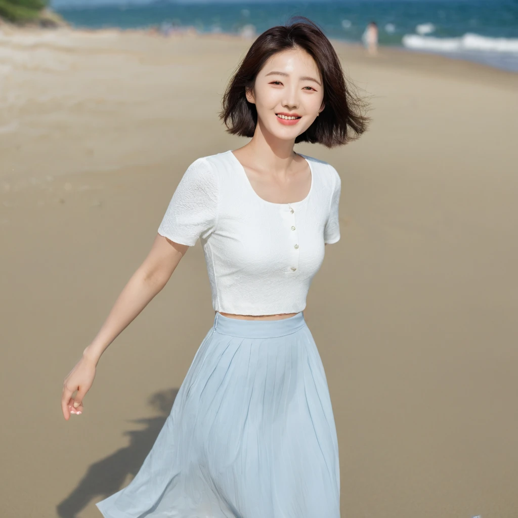 blue,Beach with white waves, Beautiful 36-year-old short Korean woman, Chest size 34 inches, Wear white short sleeves and sleeveless tops, lightweight mid length skirt. beautiful pretty woman look , wearing a light skirt , Go far and dip your toes in the waves. Short medium hair blowing in the wind, 1 woman, beautiful eyes, Smiling, Full-body photo taken from afar with a wide-angle lens, The background is clean and perfect., the waves are coming, short woman