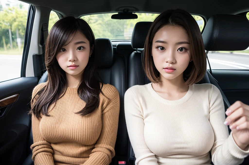 Indonesian girl 19-year-old Hairstyle fashion  Casual, F Cup Breasts wearing crewneck dress in car and driving the car with her mother
