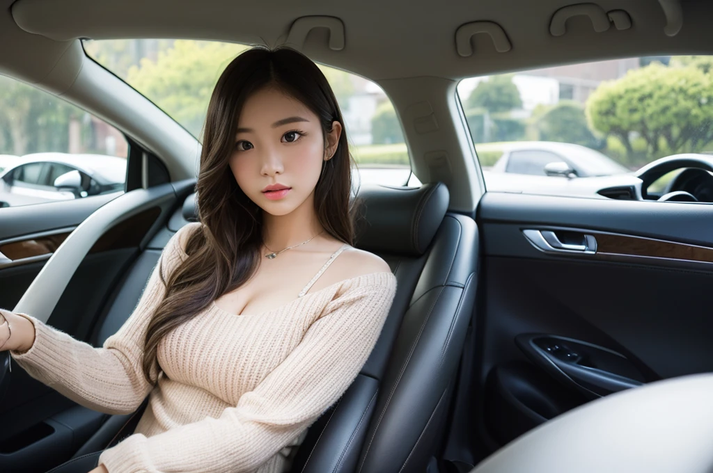 Indonesian girl 19-year-old Hairstyle fashion  Casual, F Cup Breasts wearing crewneck dress in car and driving the car with her mother