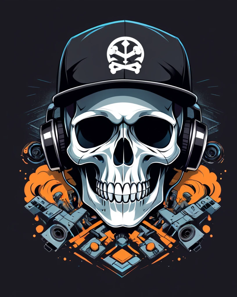 conceptual art skull head, Hip-Hop Style, t shirt design, flat-colors, vectorial art, ((black backdrop)) . digitl art, Illustrative, pictorial, mattepainting, highy detailed