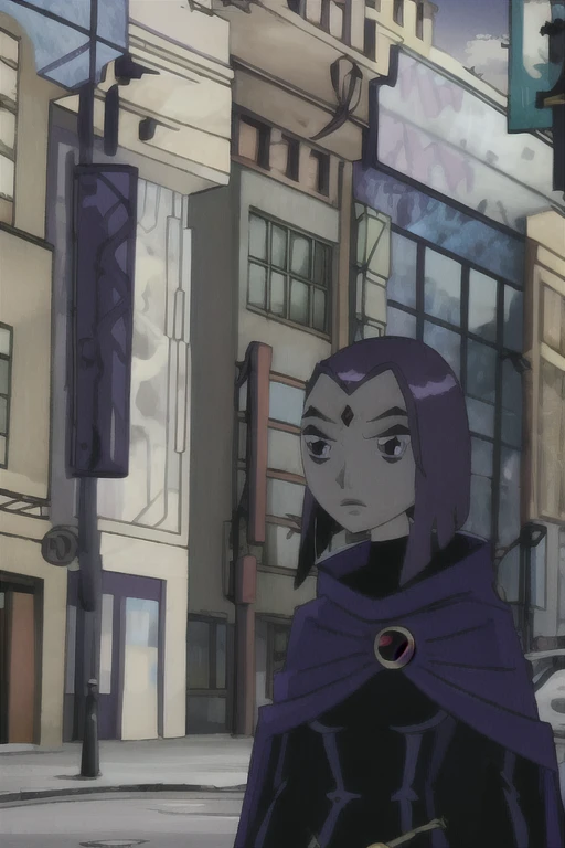 raven (dc), purple eyes, grey skin, forehead jewel, blue cape, leotard,