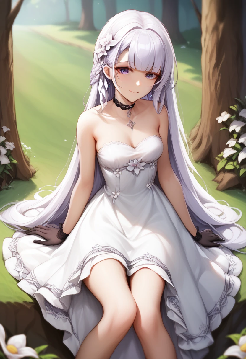 masterpiece, best quality, extremely detailed 8K wallpaper, 1girl, outdoors, Helena(Azur lane),strapless dress, dress, layered dress,white flower, hair ornament, purple eyes, (choker), outline, (black gloves), bare legs,