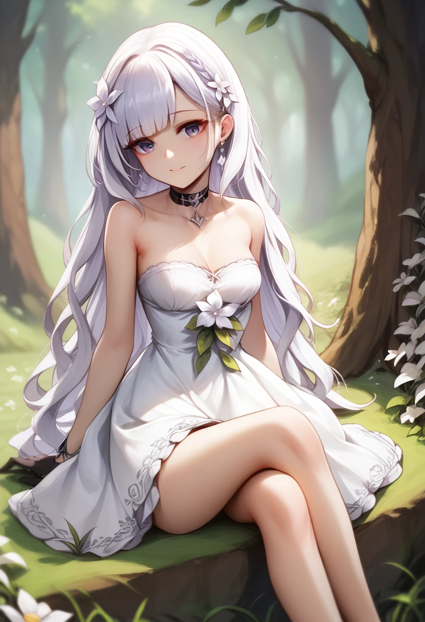 masterpiece, best quality, extremely detailed 8K wallpaper, 1girl, outdoors, Helena(Azur lane),strapless dress, dress, layered dress,white flower, hair ornament, purple eyes, (choker), outline, (black gloves), bare legs,