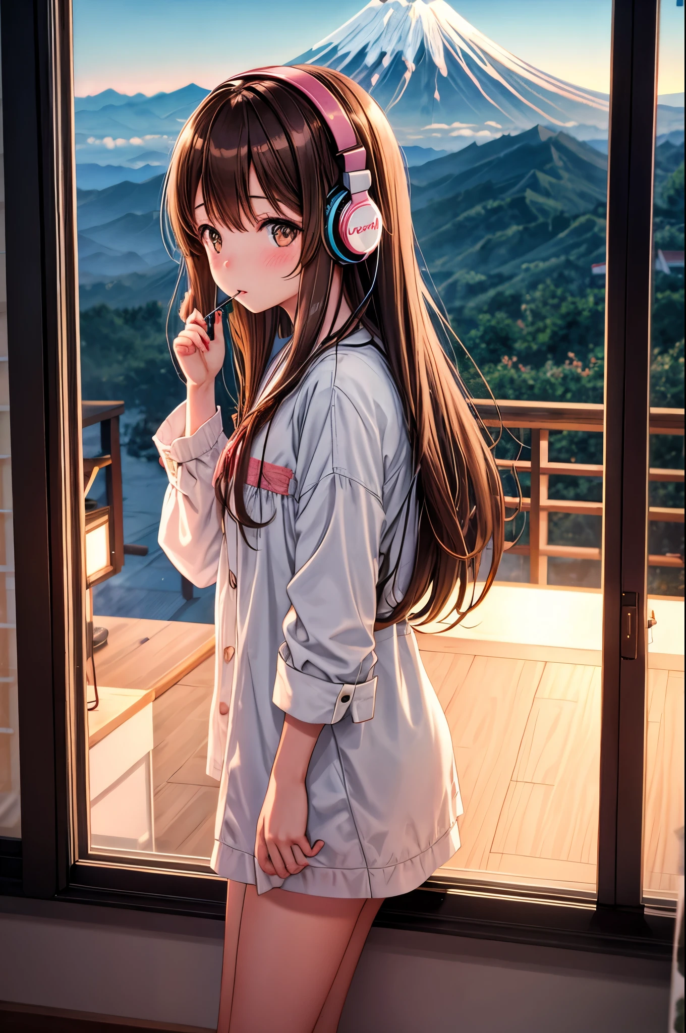 Lo-Fi Research, girl, write, ~ ~ side, 日本人のgirl, Brown Hair, Medium Long Hair, Headphones, Summer clothes, window, mount fuji background, summer night