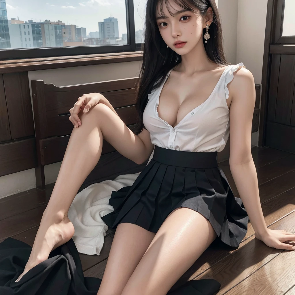 absurdres, RAW photo, extremely delicate and beautiful, masterpiece, Best Quality, ultra high resolution, 32k, hyperrealistic, ultra-detailed, delicate facial features, beautiful detailed woman, tearful mole, earring, medium breasts, full body shot, medium hair, black hair, solo, alone, (school uniform, summer shirt), skirt, sleeveless,