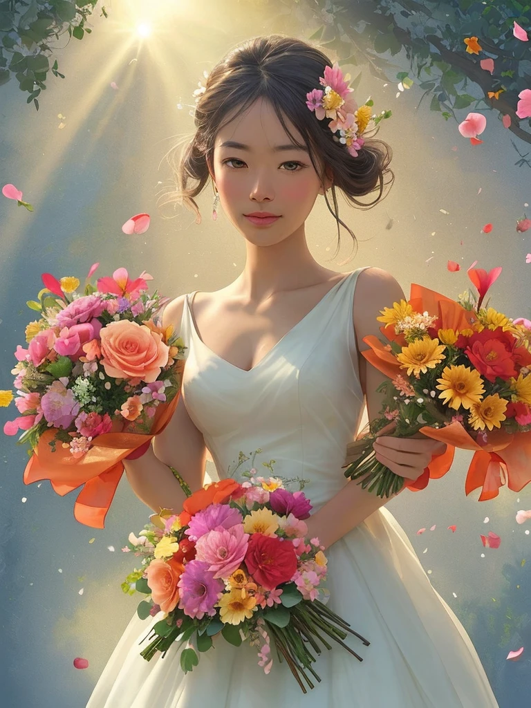 2 pictures. Close-up - vase with a bouquet of beautiful varied flowers. The bouquet takes 70% space pictures.  On the petals, dew drops shimmer in the rays of the sun. 