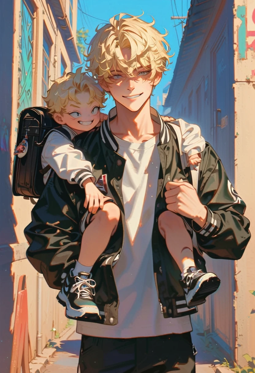 style9, 1boy, blonde hair, college jacket, cynical smile, carrying some lockers, backpack on the right shoulder