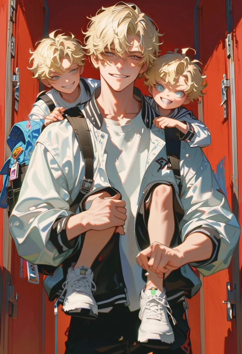 style9, 1boy, blonde hair, college jacket, cynical smile, carrying some lockers, backpack on the right shoulder