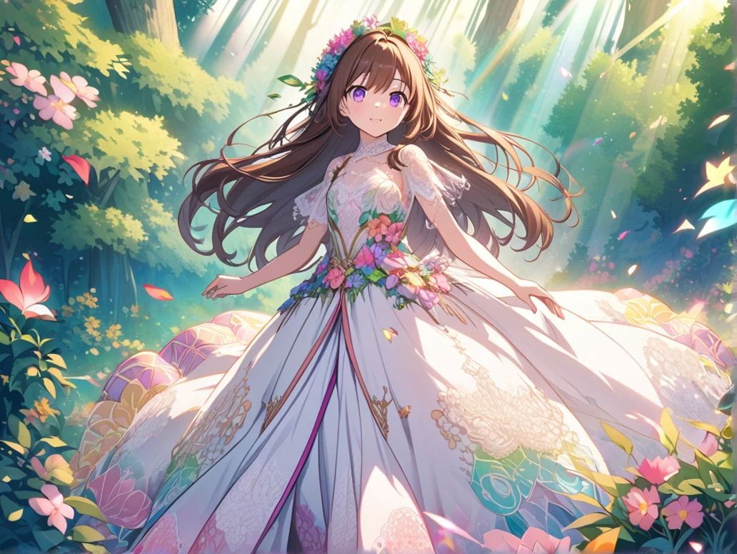 “Create an AI illustration of an anime-style character with brown long hair and purple eyes, adorned with floral decorations. The character wears a flowing dress with special lace detailing, transitioning from white to pink, decorated with flower patterns and petals and some green detail as if it's leafs, set against an ethereal forest background with beams of light filtering through the trees and floating colorful leaves.rainbow, landscape."