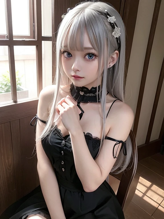 Completely naked,Sexy and firm super small breasts、Showing breasts and nipples、gothic punk girl,Sexy cute looks and cute 15 year old beautiful girl, White long straight hair、Beautiful and sexy face、Sitting on a chair with legs wide open、Beautiful, cute and sexy eyes hidden by long bangs,Light blue eyes、Showing breasts and nipples