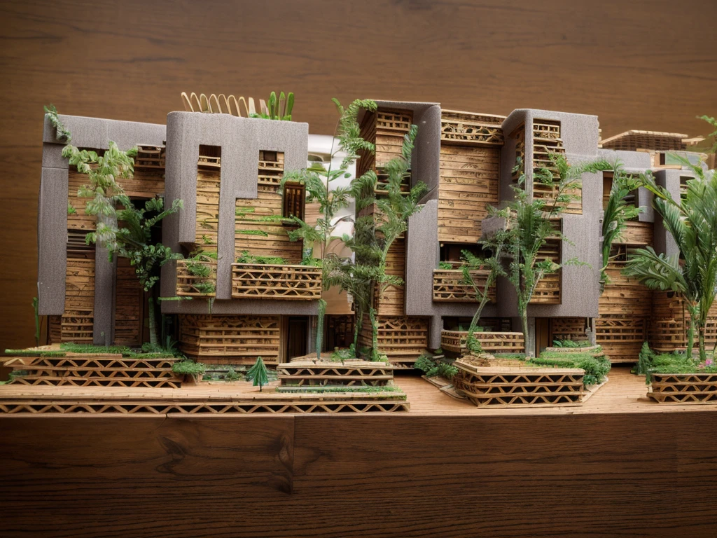 there are four miniature model buildings made of wood and plants, section model, architectural model, detailed clay model, center model buildings, miniature model, with vegetation, diorama model, detailed model, highly detailed model, 3d printed building, clay model, backside of scenography elements, perspective view, concept model, building cover with plant, buildings covered with greebles