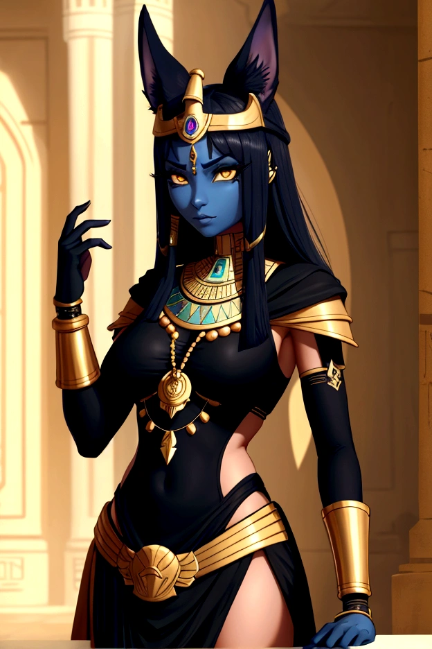 Let's detail again the image of Anubis's avatar with the specified characteristics:
### Avatar of Anubis 1 Description. **god anubis**:
- **Appearance**: Anthropomorphic figure with jackal head.
- **stance**: arms crossed over his chest, symbolizing power and authority.
2. **Farbeoa de Rei**:
- **Design**: A crown inspired by the crowns of Egyptian pharaohs, possibly the double crown (Psent) which symbolizes the union of Upper and Lower Egypt.
- **styled**: Metallic and ornate elements, mixing ancient design with a futuristic touch.
3. **Skinned**:
- **Farbe**: Skinned branca de alabastro, giving an almost ethereal glow to the figure.
4. **Robotic right arm**:
- **Design**: Advanced technology neck with gold and copper details.
- **detaileds**: Visible circuits and joints inspired by Egyptian hieroglyphs.
5. **eyeballs**:
- **pupils**: pupils em forma de pentagrama.
- **Farbe**: Intense shine in a shimmering purple hue.
### detaileds Adicionais
- **Clothing**:
- **vestimentas**: Traditional Egyptian kilt adorned with hieroglyphs.
- **Accessories**: long strain (usekh) with precious stones and gold.
- **scenario**:
- **enviroment**: A mix of ancient Egyptian temple and futuristic technology, including holographic panels and neon lights.
- **texturas e Farbees**:
- **Farbees predominantes**: doradas, offwhite, roxo e preto.
- **texturas**: marble, polished gold and brushed metal, combining ancient and modern elements.
This reimagined depiction of Anubis' avatar provides an imposing and enigmatic figure, that mixes tradition and futurism in a unique way.