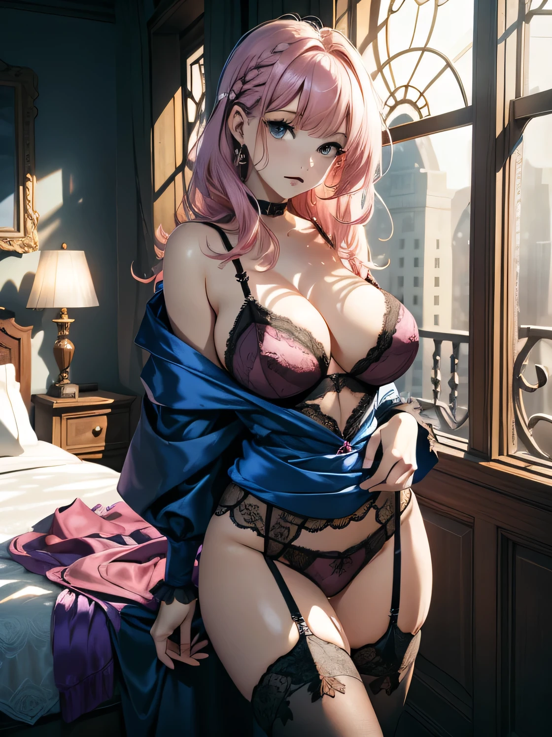 absurd good, 8K, high resolution, ultra detailed, beautiful, masterpiece, best quality, very pretty, sexy costume, woman, young, very pretty woman, sexy, (satin lingerie:1.4), pink hair, (up hair:1.5), sexy, detailed woman's face, very attractive, (large breasts:1.2), photo until her knees, hands behind her back, looking sexy, sexy face, next to a satin covered bed, warm morning light room