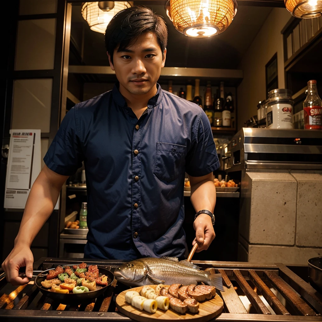 asian men grill barbeque front view fish eye effect