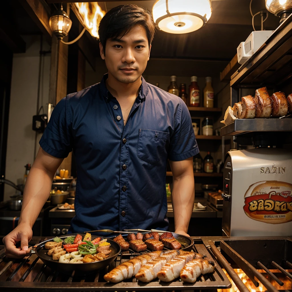 asian men grill barbeque front view fish eye effect