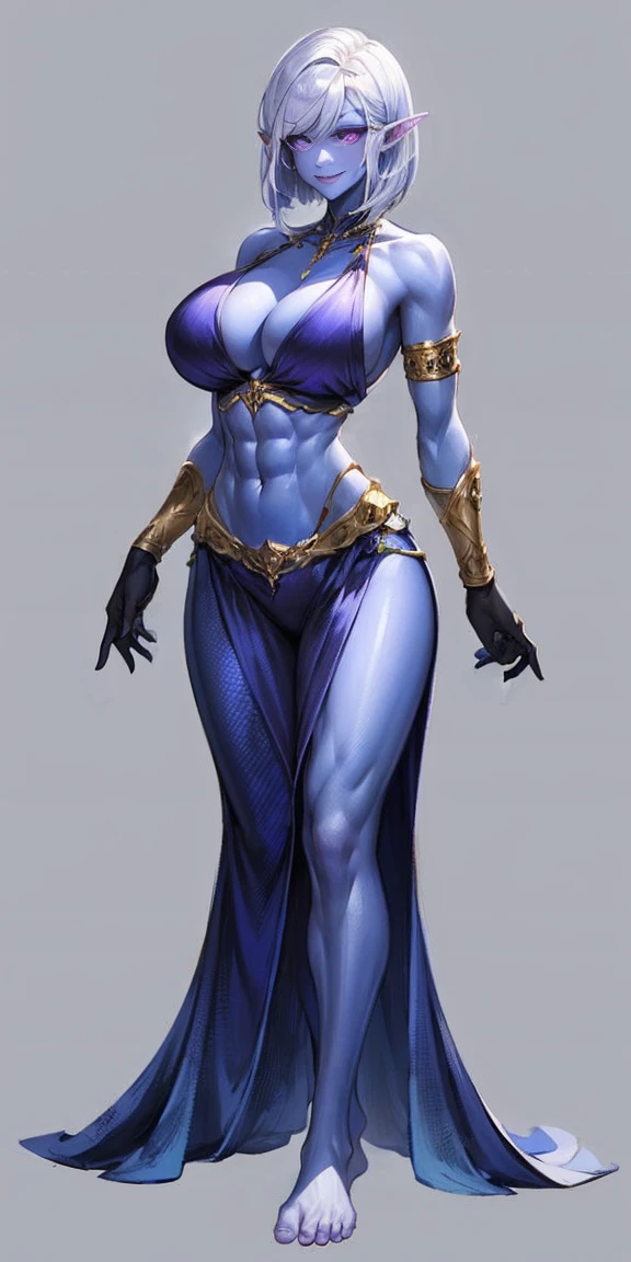((plain background:1.2, 1sologirl)) full body standing barefoot hands on waist navel, very purple skin, drow, elf, Madura, Detailed happy face, purple eyes, white hair bob style, gold bikini, well defined six pack abs, Large knockers, golden gloves