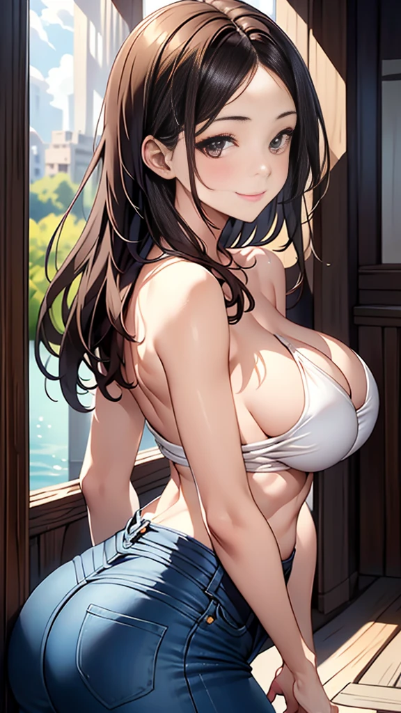 ((Highest quality、、masterpiece:1.3)), Upper Body、Long legs、Sharp focus:1.2, Beautiful woman with perfect figure:1.4, Slim Abs:1.1、((Big Breasts:1.2)), (Big Breasts、Soft looking big ass、Tight waist、Smiling:1.2), Face and skin texture crafted to the smallest detail、Fine-grained、double eyelid、25-year-old female、sexy