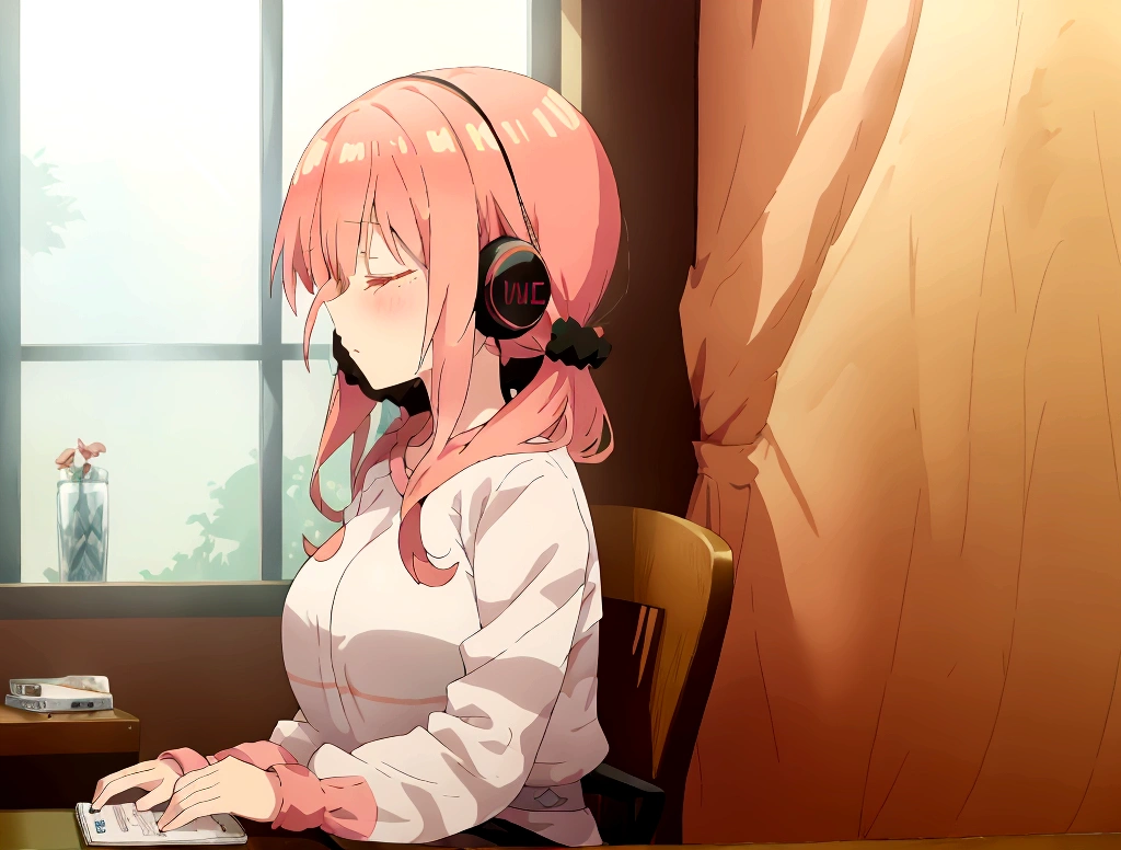 Anime girl wearing headphones and looking out the window at the city, Large room with big windows, light pink long hair, Lo-fi Girl, Kaisei and Artgelm, Anime atmosphere, Lofi Artstyle, Anime Style 4k, Anime Aesthetics, Lo-fi feeling, Lofi Art, anime art wallpaper 4k, anime art wallpaper 4k, anime wallpaper 4k, An atmosphere of praise, Emotional cityscape