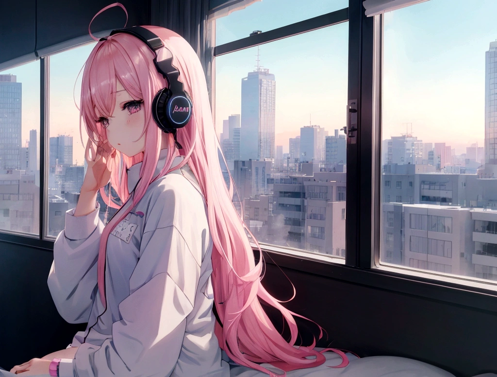 Anime girl wearing headphones and looking out the window at the city, Large room with big windows, light pink long hair, Lo-fi Girl, Kaisei and Artgelm, Anime atmosphere, Lofi Artstyle, Anime Style 4k, Anime Aesthetics, Lo-fi feeling, Lofi Art, anime art wallpaper 4k, anime art wallpaper 4k, anime wallpaper 4k, An atmosphere of praise, Emotional cityscape