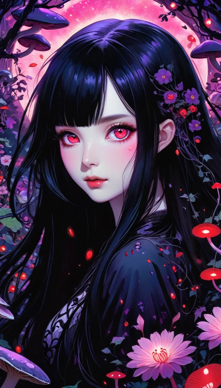 Dark anime style, a Japanese Goth girl, half close-up, she has long black hair, red-pink glowing eyes, 45 degree oblique face, pale skin. Surrounded by a garden full of flowers, mushrooms and vines, purple flowers grow from the ground to the sky, there are many red eyes in the middle of the flowers, purple pink-black color palette, purple energy halo, dark background, Moebius style, the fantasy scene of the Black Forest, animation art, fine lines, rich colors, surrealist illustrations in the style of Merry Asia, Ultra HD