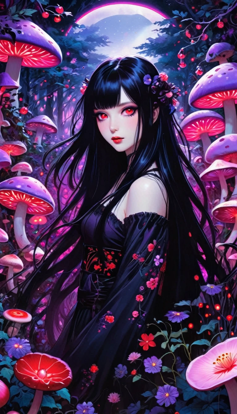 Dark anime style, a Japanese Goth girl, half close-up, she has long black hair, red-pink glowing eyes, 45 degree oblique face, pale skin. Surrounded by a garden full of flowers, mushrooms and vines, purple flowers grow from the ground to the sky, there are many red eyes in the middle of the flowers, purple pink-black color palette, purple energy halo, dark background, Moebius style, the fantasy scene of the Black Forest, animation art, fine lines, rich colors, surrealist illustrations in the style of Merry Asia, Ultra HD