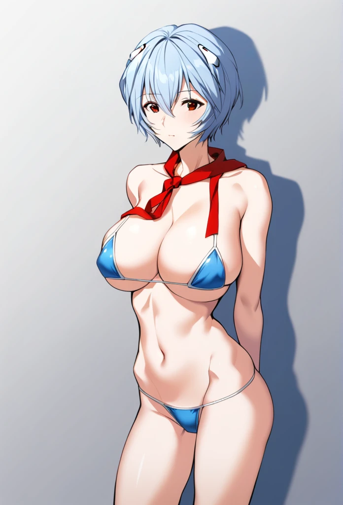 1 girl, ayanami rei, solo, red eyes, short hair, blue micro bikini, skinny, red ribbon, hair between the eyes, ribbon around the neck, Bare feet, standing in front of the viewer, looking at the viewer, blue hair, ribbon, closed mouth, bangs, top, big rounded breasts, medium quality, late, sexy body, abdominal press