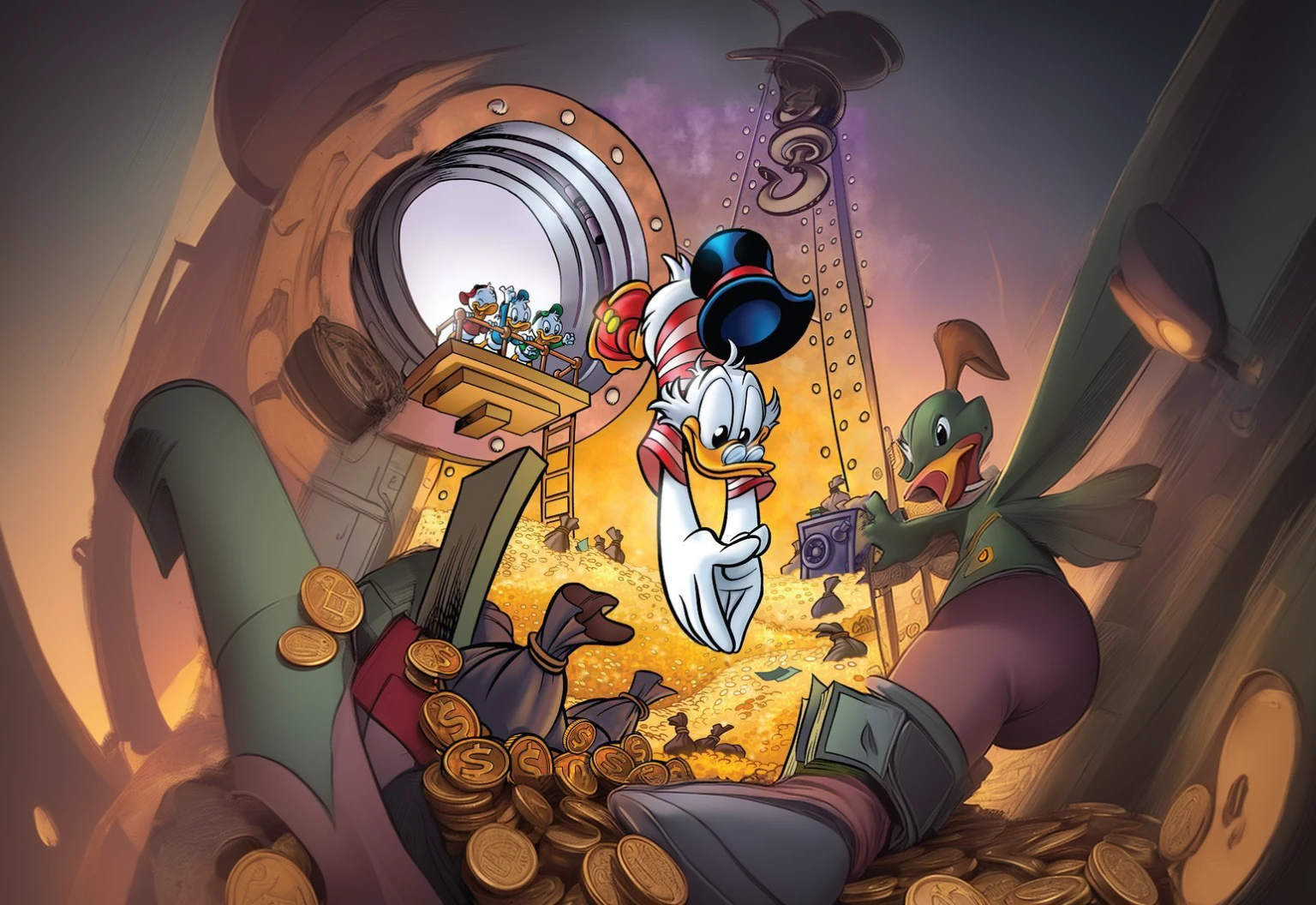 a cartoon character is flying through a pile of coins, inspired by Carl Barks, by Carl Barks, donald duck, donald duck as an astronaut, inspired by Jacob Duck, by Bob Singer, steve purcell, donald duck in real life, jeff smith, by Jacob Duck, official art, daffy duck, by Craig Thompson, loony tunes style, quackery