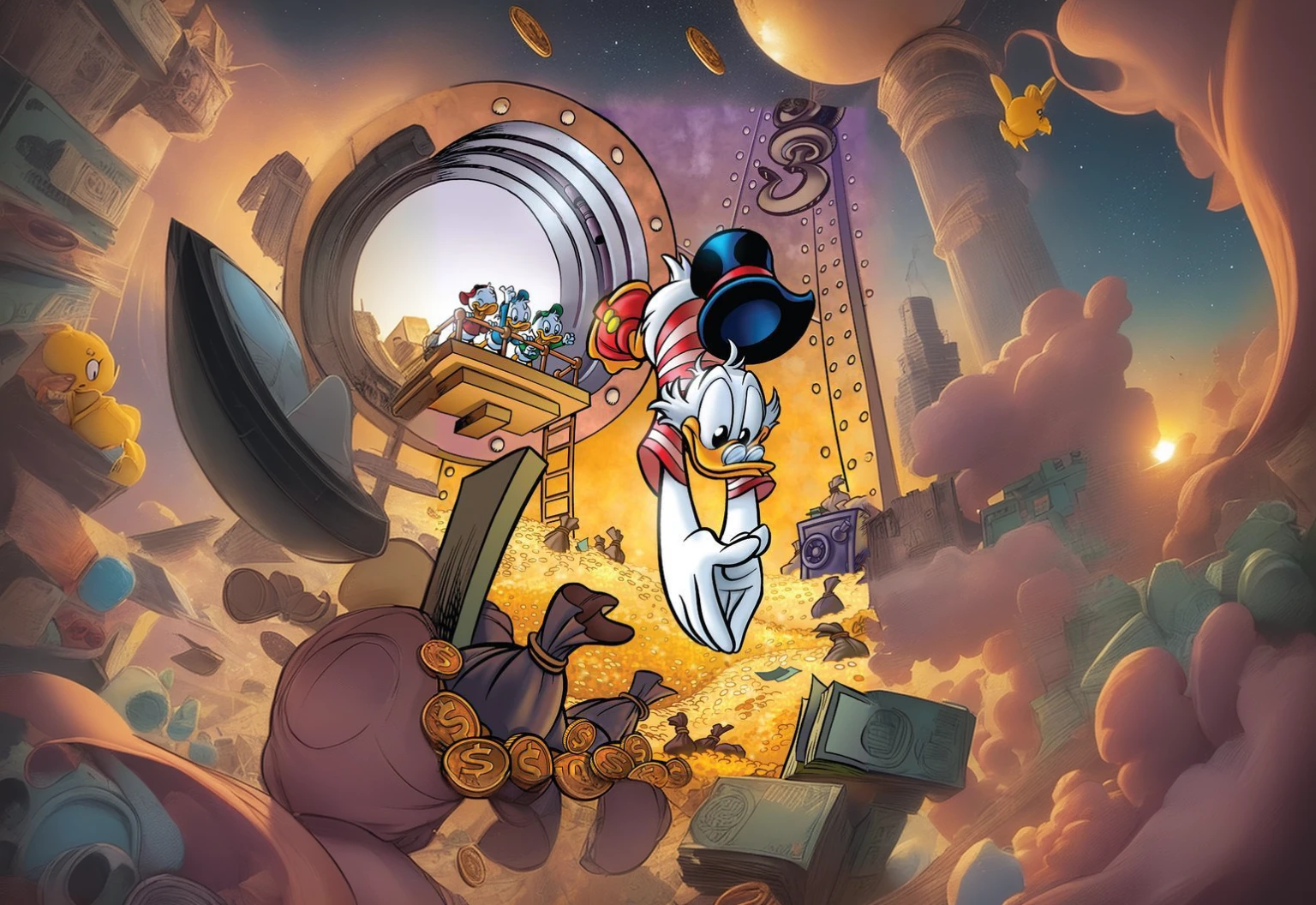 a cartoon character is flying through a pile of coins, inspired by Carl Barks, by Carl Barks, donald duck, donald duck as an astronaut, inspired by Jacob Duck, by Bob Singer, steve purcell, donald duck in real life, jeff smith, by Jacob Duck, official art, daffy duck, by Craig Thompson, loony tunes style, quackery