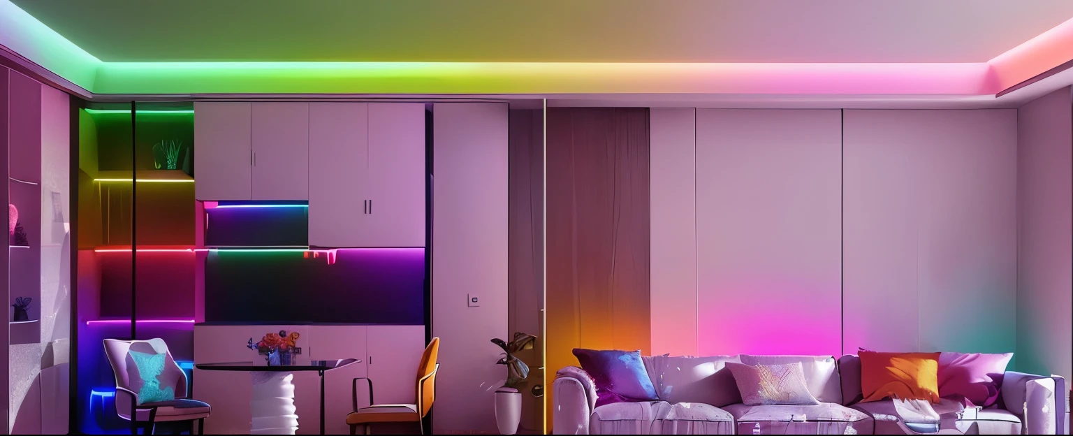 brightly lit living room with couch and chairs and table, dramatic and colorful lighting, colorful lighting, dramatic colorful lighting, dramatic gradient lighting, colored lighting, dramatic colored lighting, colourful lighting, led light strips, neon accent lights, neon ambient lighting, soft neon lighting, cheerful ambient lighting, soft neon atmosphere, rgb led lights, room lighting, soft calm warm neon atmosphere