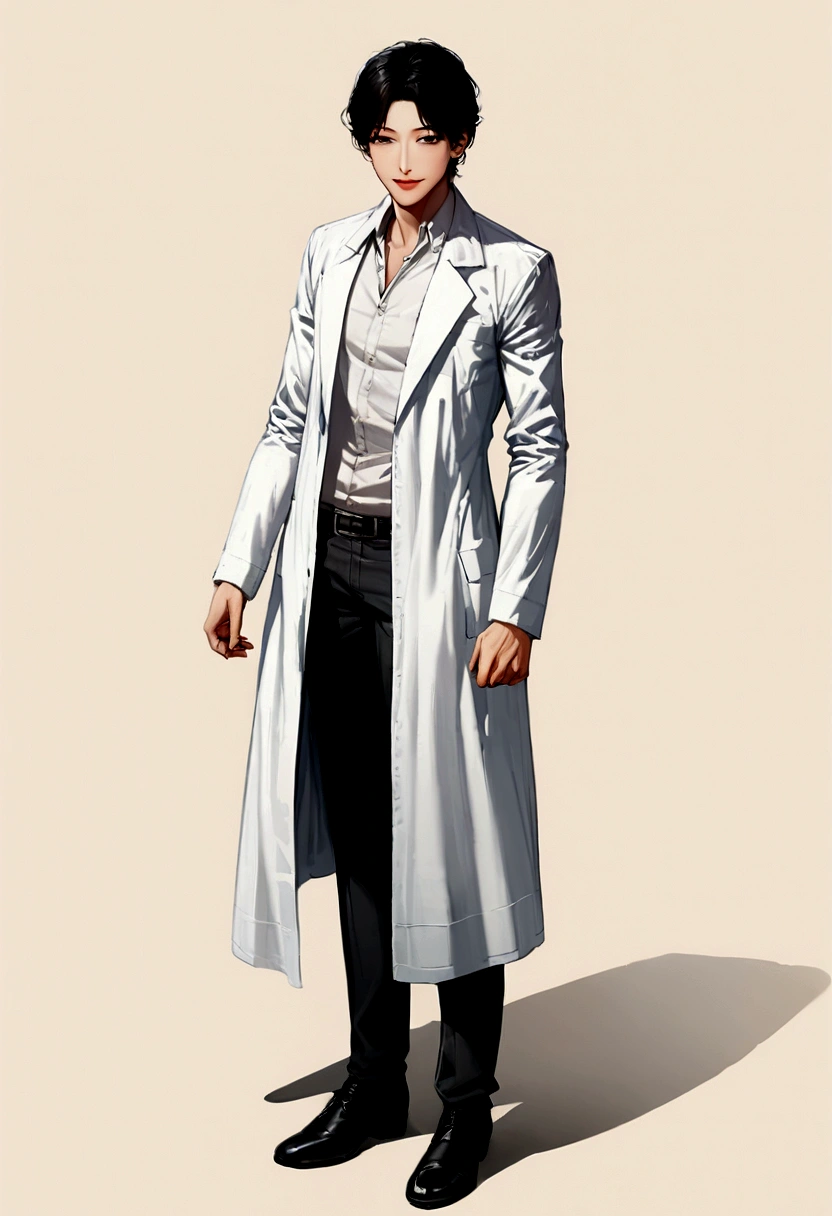 masutepiece),best quality,super detailed,illustration,super detailed view,(realistic),(((black hair))),one young man,(full body evian),((researcher in lab coat)),(no glasses),twink,(fair skin),(knowing),black eyes,(gender: natural face),(korean),long body,((white shirt)),clean lab,(beautiful shit),((long body)) big smile