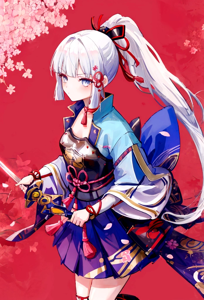 1 Girl,ponytail,warrior mask,warrior,Holding a sword,anger,angerの目,Perfect Eyes,Cherry Blossom,Celestial Illumination,Japanese Background,Better Quality,High resolution