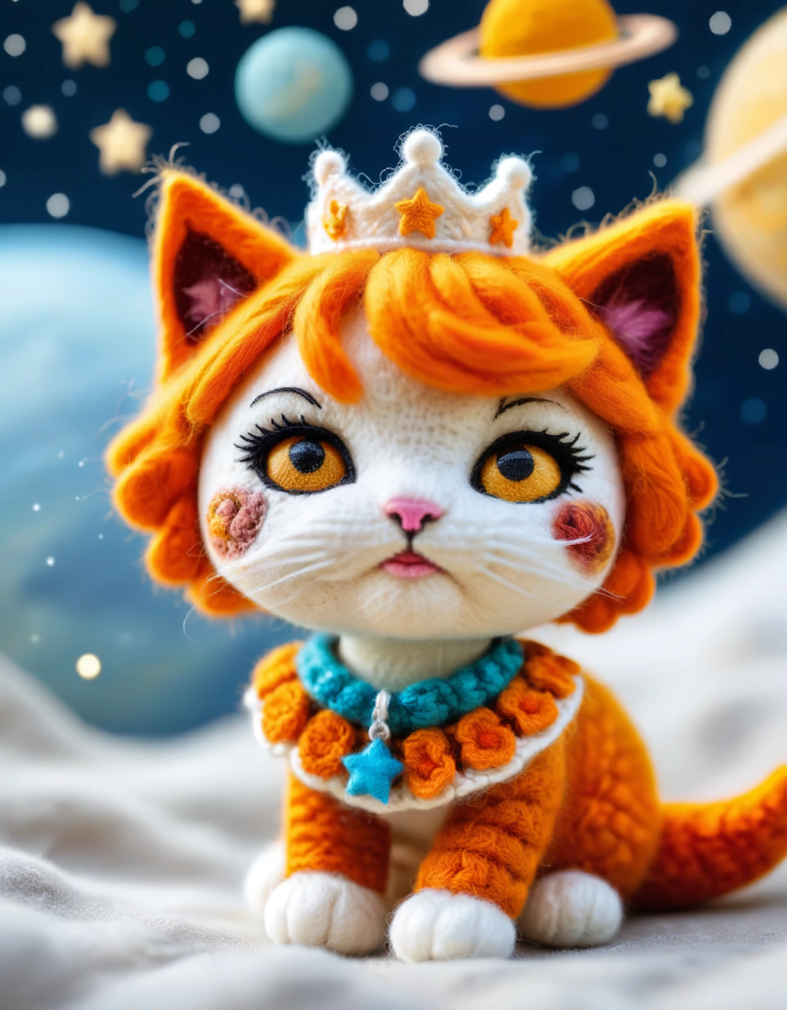 big crochet stitches world, crochet style, Felt-World\(style\),A crochet cute kittie from a fairy tale and her mom, with orange hair, a crown, a gorgeous collar, on the moon, planets, loneliness, sparkling starry sky, crochet, handcrafted, artistic, 3D, realistic details,closeup