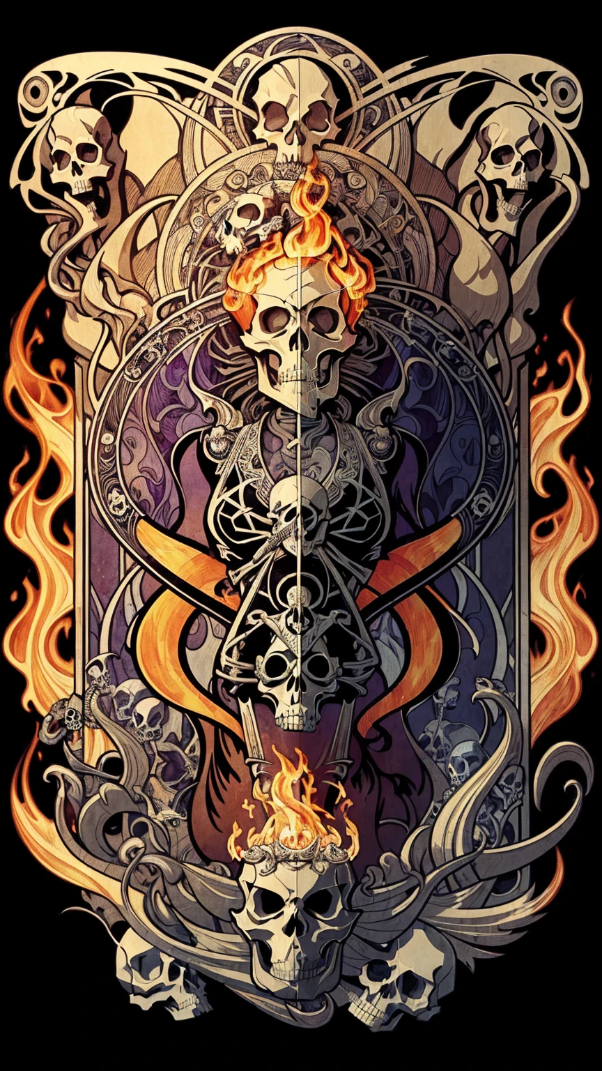 ((Art Nouveau Style)); ((Flaming Skull:1.3)); rattlesnake; whiskey bottle; cigarette; smoke; symmetrical with thick lines, Fibonacci, golden ratio, 3D metal structure tessellation, neural graphic, neurons, color, love, passion, incredibly detailed, 8k, masterpiece, artstation, surreal