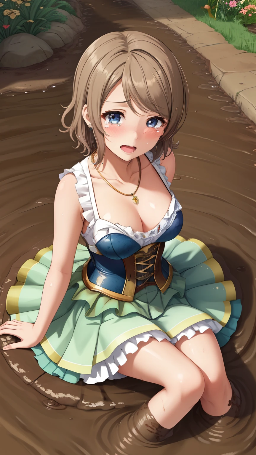 (Masterpiece), 8k wallpaper, solo, Watanabe you, game cg, beautiful detailed face and eyes, perfect anatomy, garden, upset, tears in her eyes, glossy lips, sleeveless corset dress, necklace, jewelry, (sinking in mud)