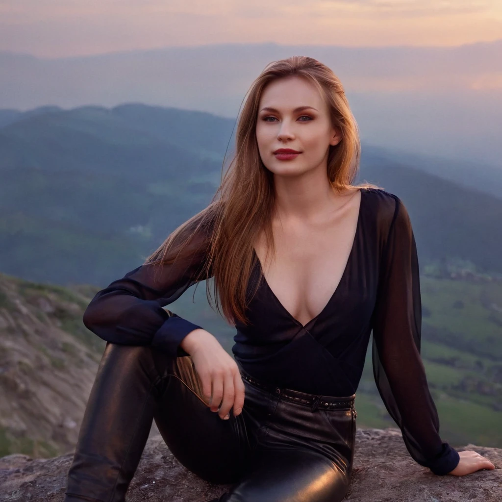 beautiful evil slavic woman, pale skin, long dark blond hair, muscular, Sitting on a hill, She wears a black silk blouse and leather pants, mountains, The fog is creeping,Low clouds lie in the valley, Indigo, sunset, Photo, smile, whole body, Sharp Focus, dynamic sexy pose, helios 44-2, swirling bokeh, Sharp Focus, complex parts, high detail, sharpness, character portrait, perfect lighting, masterpiece, Detailed backstory, Cinematic lighting, 8 k