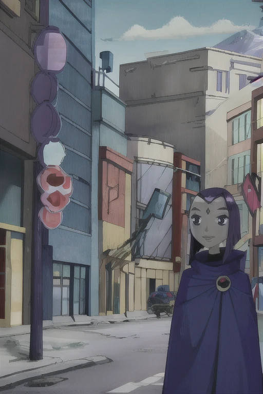 raven, 1girl, solo, purple eyes, purple hair, short hair, colored skin, forehead jewel, blue cape, blue cloak, room, smile