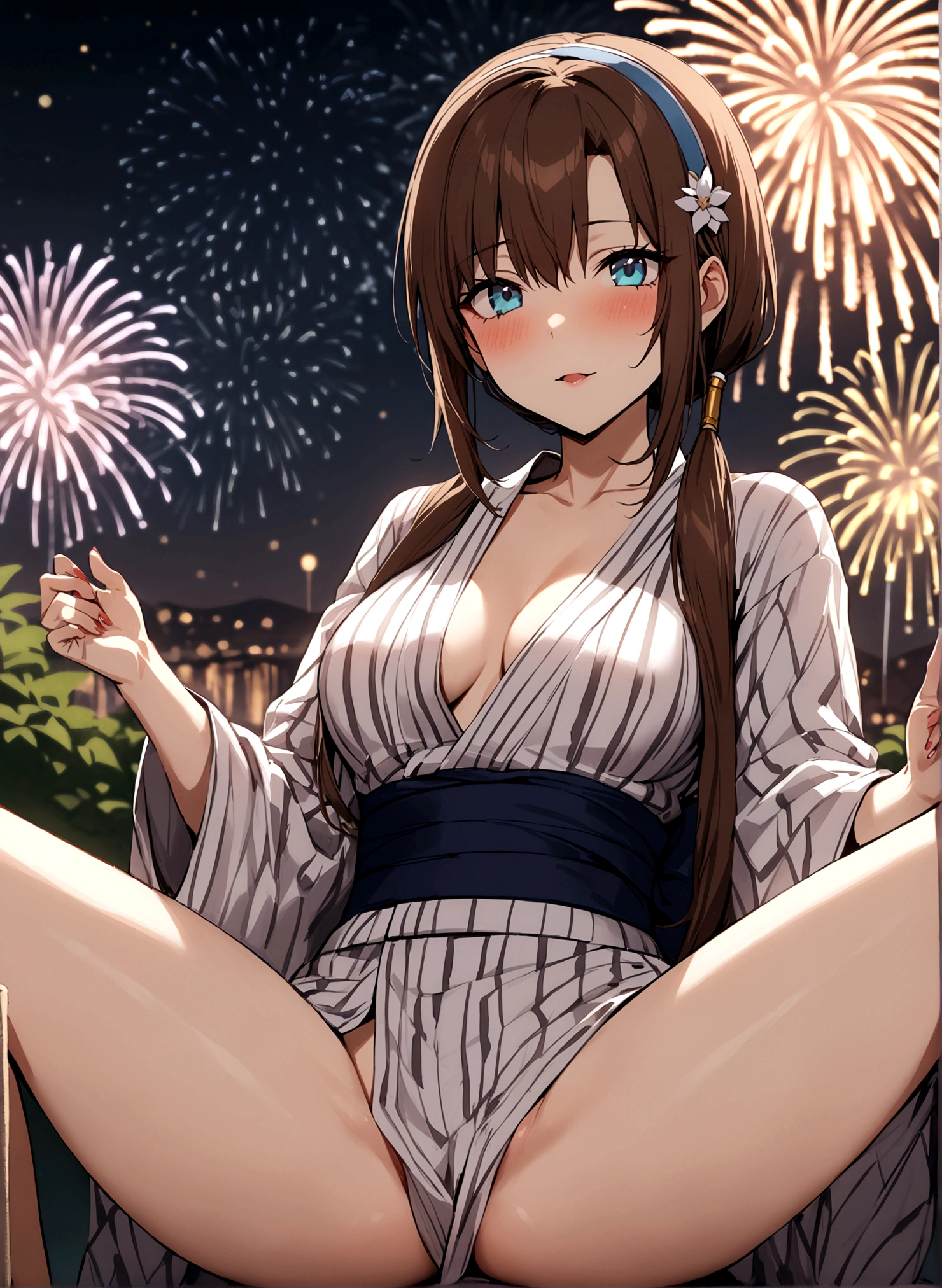 masterpiece, Highest quality, Mari Illustrious,Dark brown hair, One girl,Beautiful Eyes,yukata,Spread your legs,sexy,Fireworks display
