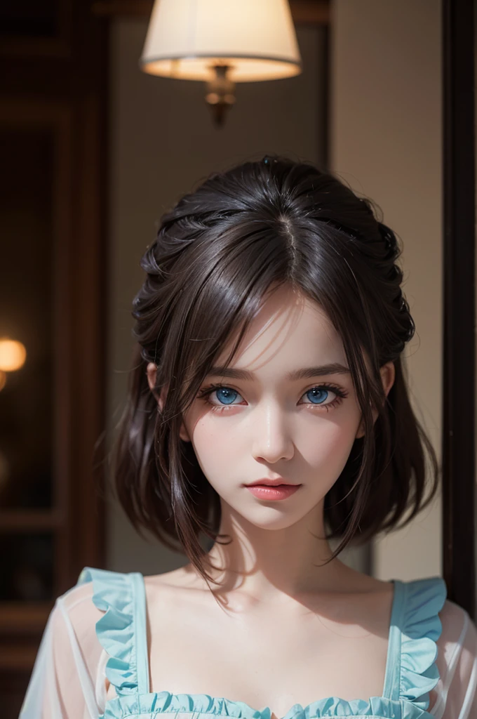 Realistic, (4K), (Upper Body), Depth of written boundary, (masterpiece), (Realistic skin texture), Very detailed, Complex, Very detailed, Professional photography, Bokeh, High resolution, Sharp details, Highest quality, girl, Hair Aqua, Medium Hair, blue eyes, Aqua Maid Dress, Maid&#39;s Headdress, Frills, apron, Are standing,Showing genitals、(((nsfw)))