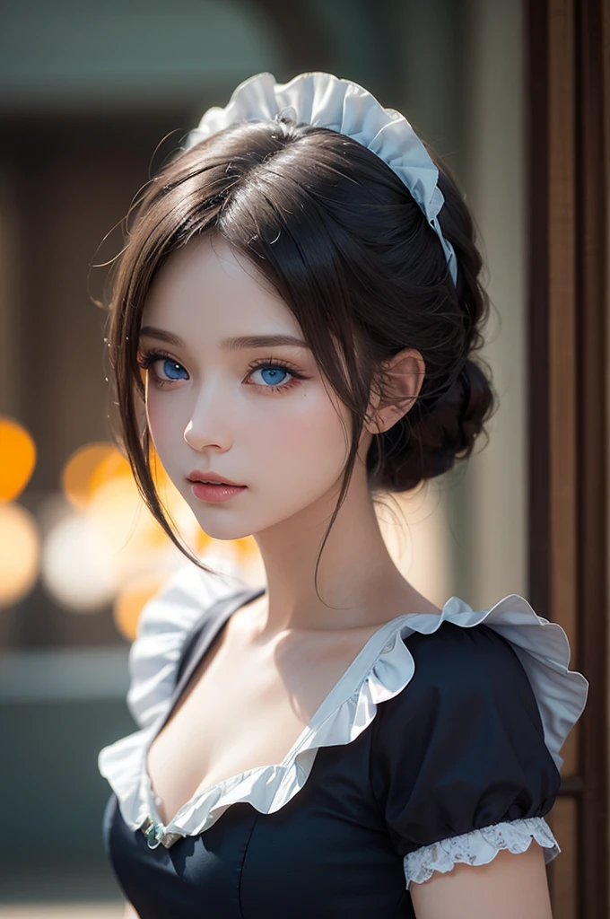 Realistic, (4K), (Upper Body), Depth of written boundary, (masterpiece), (Realistic skin texture), Very detailed, Complex, Very detailed, Professional photography, Bokeh, High resolution, Sharp details, Highest quality, girl, Hair Aqua, Medium Hair, blue eyes, Aqua Maid Dress, Maid&#39;s Headdress, Frills, apron, Are standing,Showing genitals、(((nsfw)))