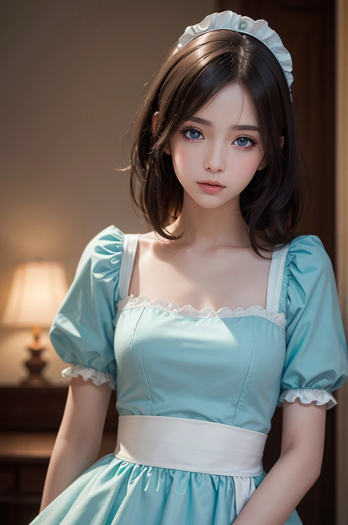 Realistic, (4K), (Upper Body), Depth of written boundary, (masterpiece), (Realistic skin texture), Very detailed, Complex, Very detailed, Professional photography, Bokeh, High resolution, Sharp details, Highest quality, girl, Hair Aqua, Medium Hair, blue eyes, Aqua Maid Dress, Maid&#39;s Headdress, Frills, apron, Are standing,Showing genitals、(((nsfw)))