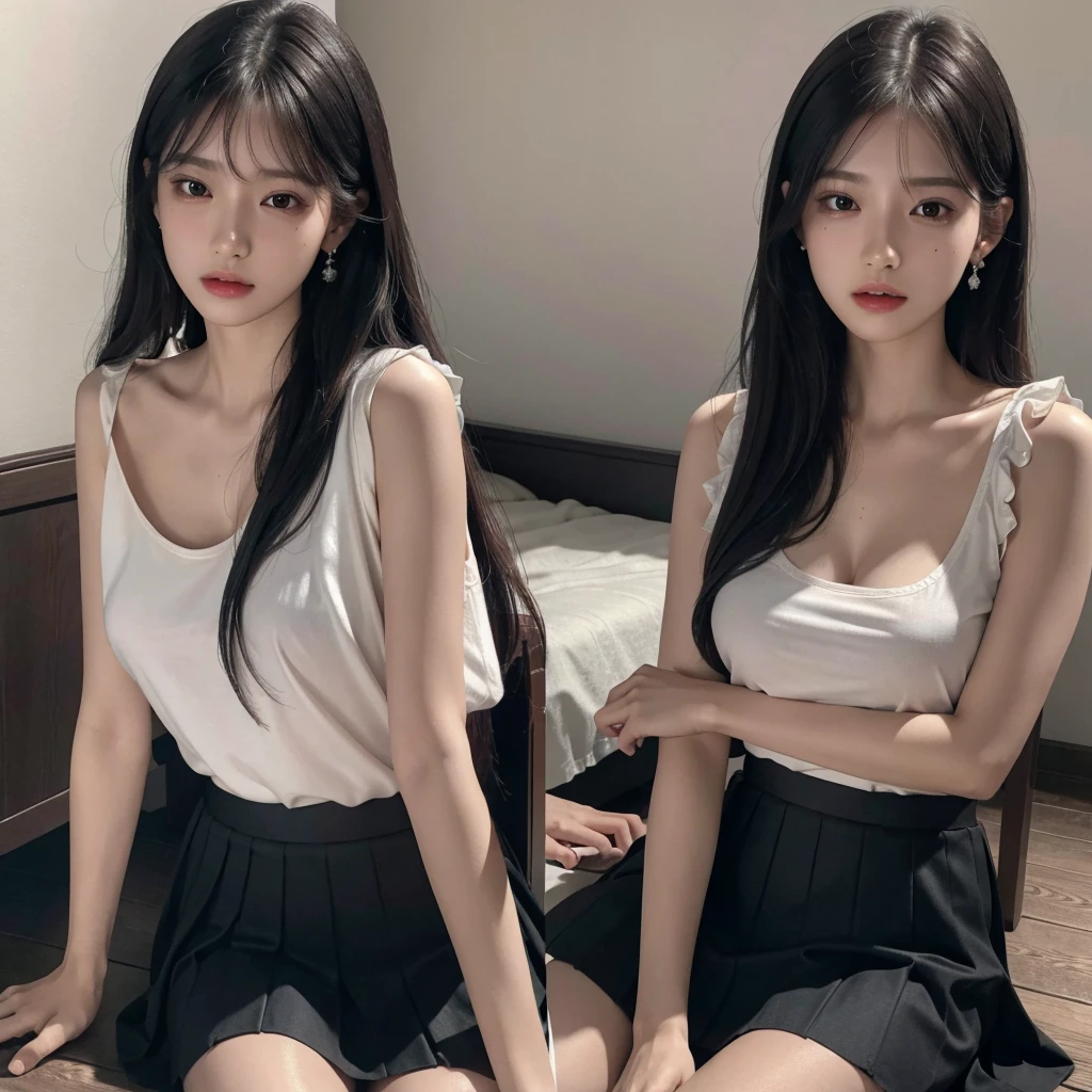 absurdres, RAW photo, extremely delicate and beautiful, masterpiece, Best Quality, ultra high resolution, 32k, hyperrealistic, ultra-detailed, delicate facial features, beautiful detailed woman, tearful mole, earring, medium breasts, full body shot, medium hair, black hair, solo, alone, summer school_uniform shirt, skirt, sleeveless,