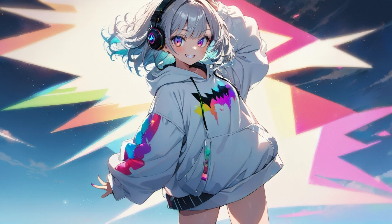 ((Masterpiece)), ((best quality)), (Anime:1.3), (super detail:1.2), (High Definition:1.3), (Professional Photography:1.3), cute young Girl, (at sky), (T-pose:1.5), (Flying in the Sky:1.5), Glossy unruly hair, (loose swept bangs), (silver ash hair), medium hair, big eyes, (Eye bags:1.3), (Long eyelashes), colorful eyes, (evil smile and blush), Glossy lips, (jagged teeth), ((white hoodie with oversized)), barearms, cute, (hands in pocket), (colorful:1.3), gothic makeup, headphones, full body, (Her not looking at camera:2), (from side),
